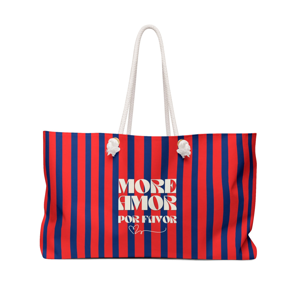 Striped Weekender Bag — "More Amor Por Favor" Red & Navy Beach Tote