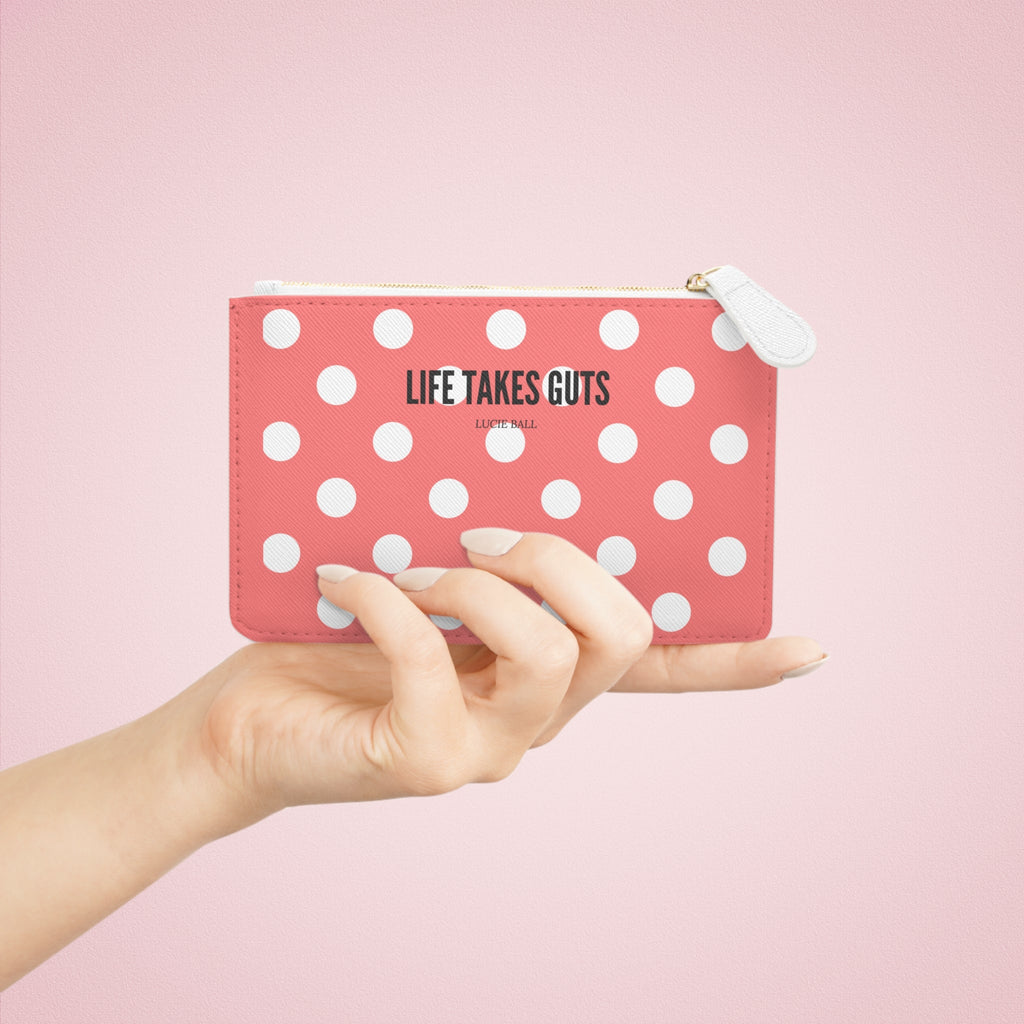 Mini Clutch Bag — Pastel Red Polka Dot "Life Takes Guts"  Vegan Wallet