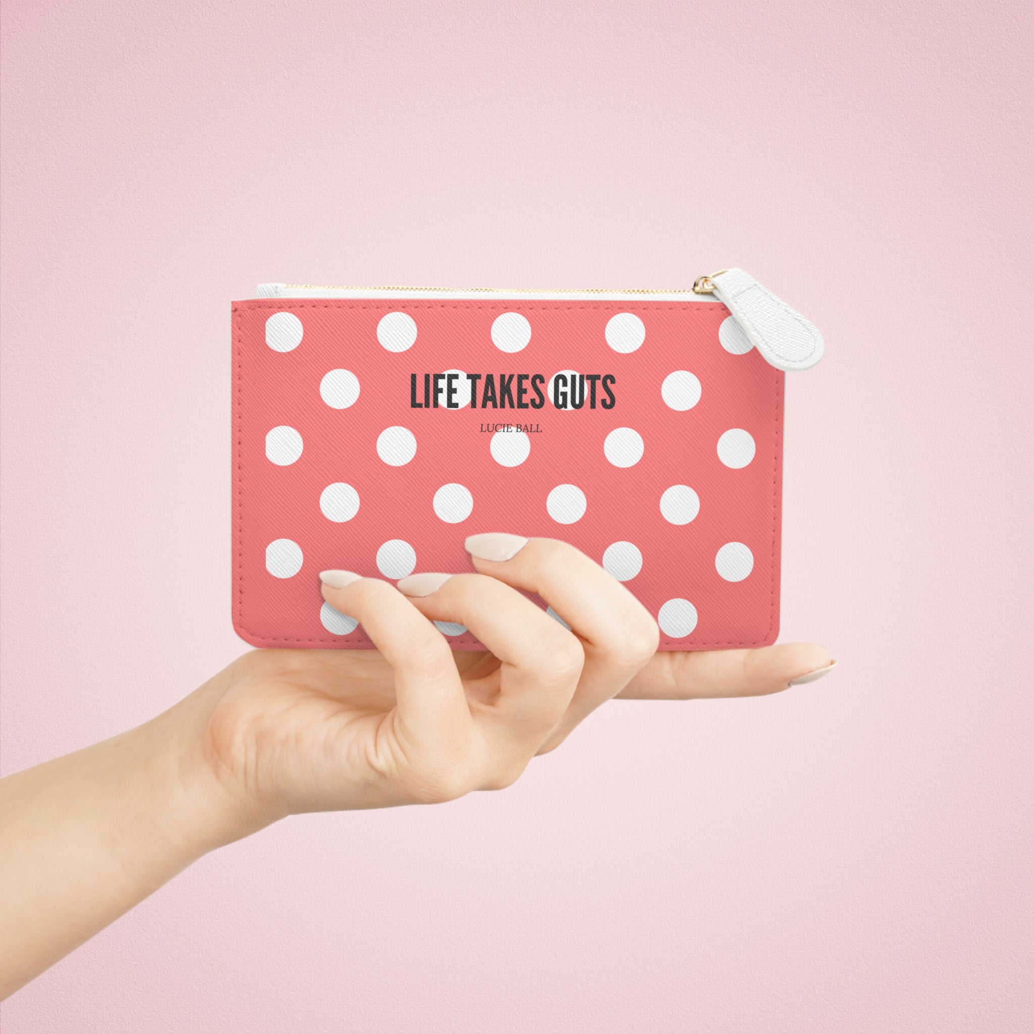 Mini Clutch Bag — Pastel Red Polka Dot "Life Takes Guts"  Vegan Wallet