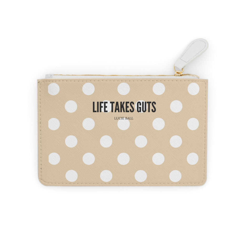 Mini Clutch Bag — Beige Polka Dot "Life Takes Guts"  Vegan Wallet