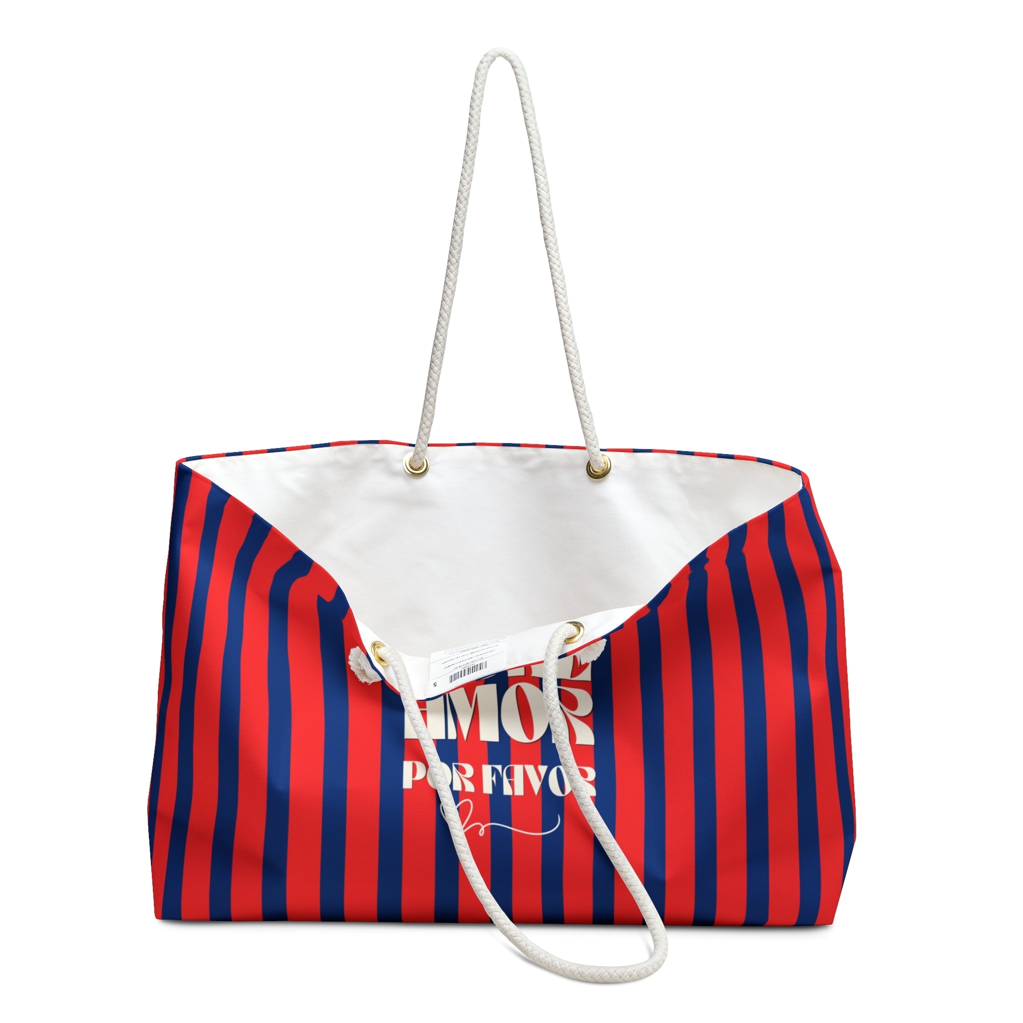 Striped Weekender Bag — "More Amor Por Favor" Red & Navy Beach Tote