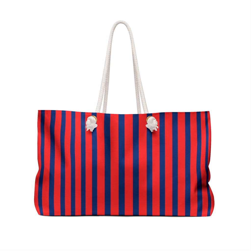 Striped Weekender Bag — "More Amor Por Favor" Red & Navy Beach Tote