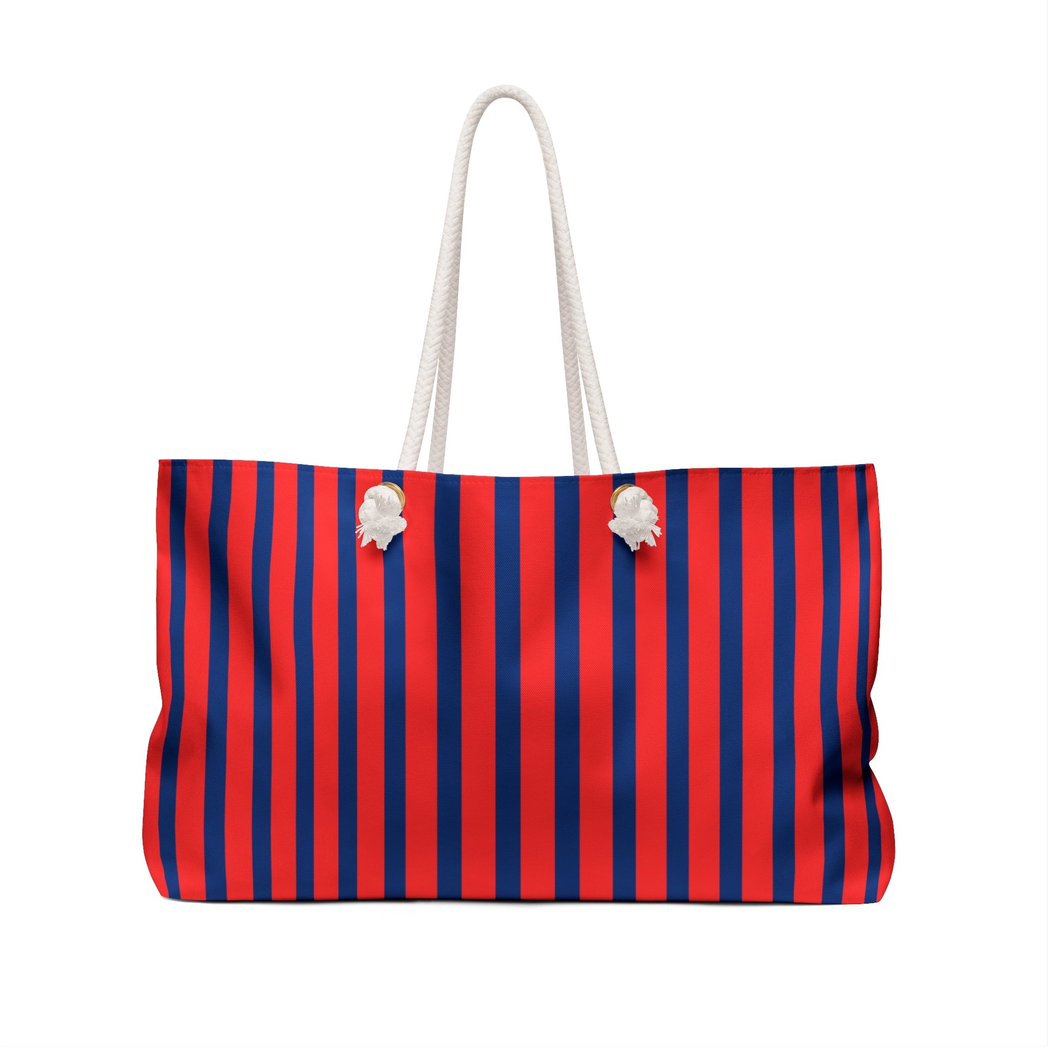 Striped Weekender Bag — "More Amor Por Favor" Red & Navy Beach Tote