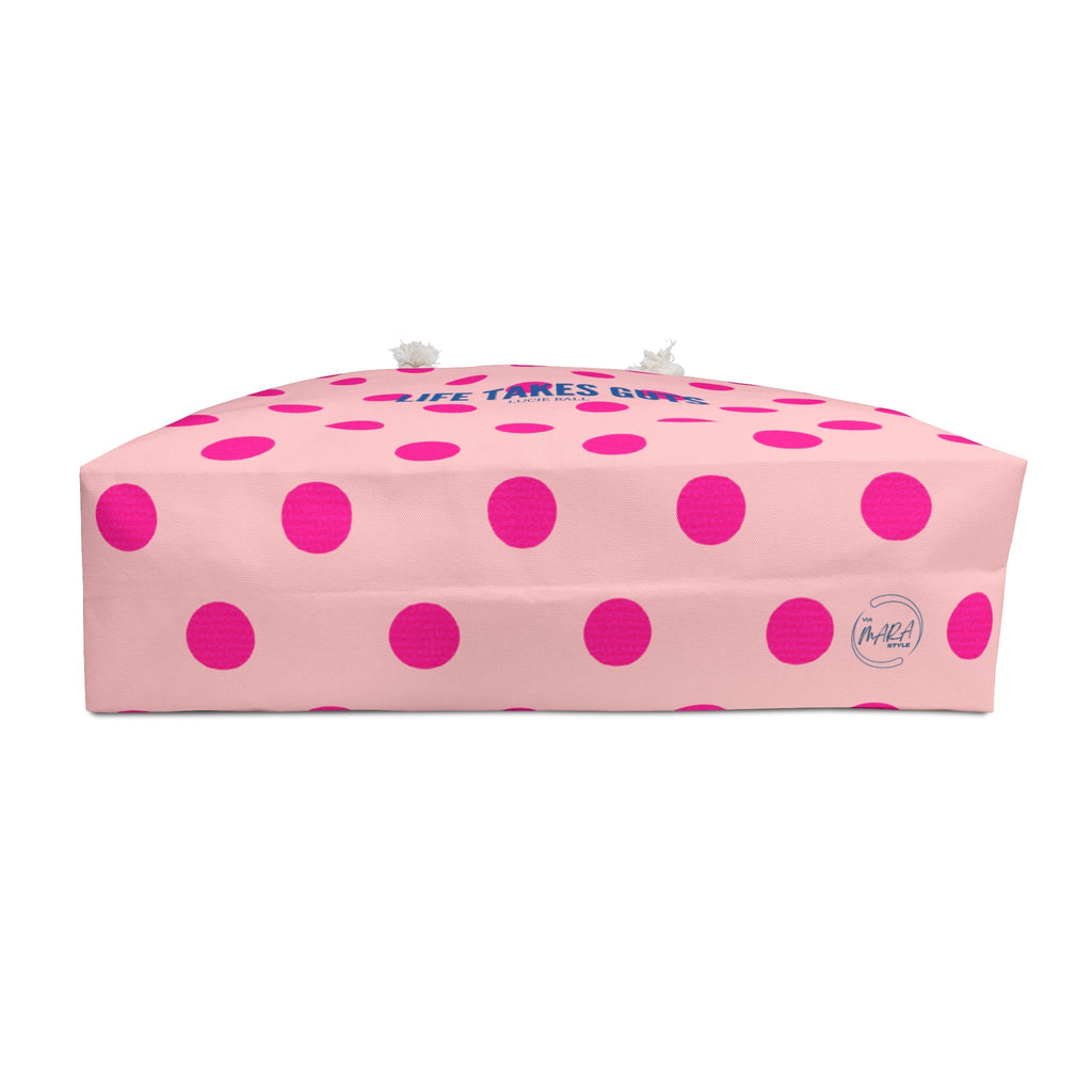 Pink Polka Dot Oversized Beach Bag — "Life Takes Guts" Lucille Ball Quote Tote