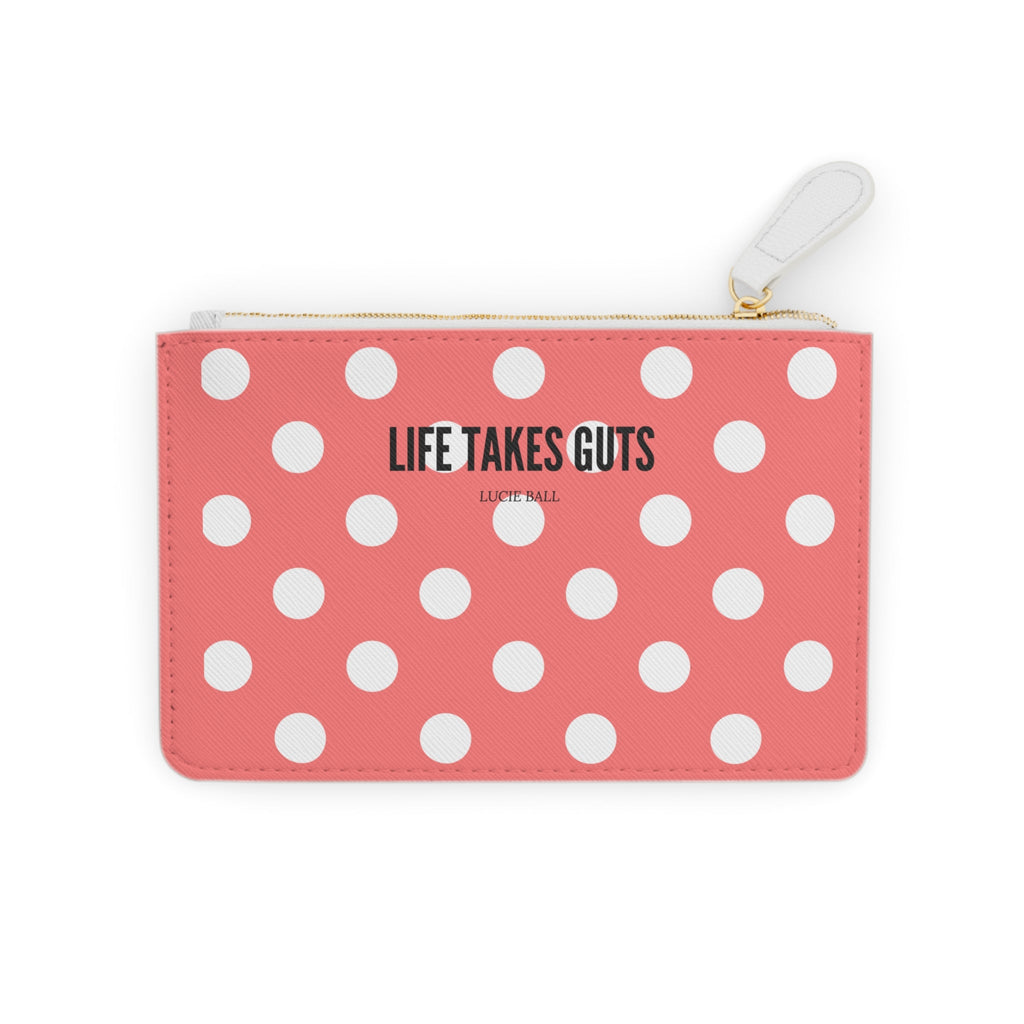 Mini Clutch Bag — Pastel Red Polka Dot "Life Takes Guts"  Vegan Wallet
