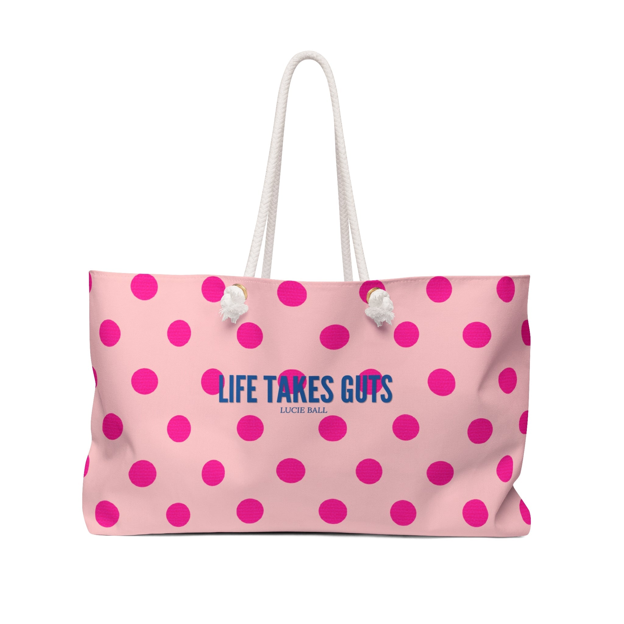Pink Polka Dot Oversized Beach Bag — "Life Takes Guts" Lucille Ball Quote Tote