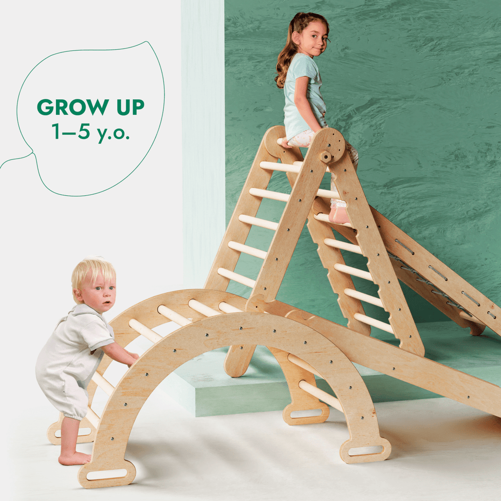 4in1 Montessori Climbing Set: Triangle Ladder + Climbing Arch + Slide Board + Net – Beige